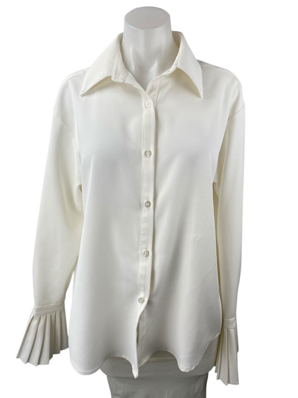 Commense Womens White Long Bell Sleeve Pleated Button Up Blouse Shirt Top Size S